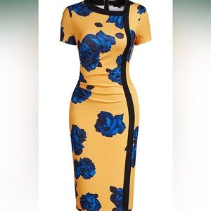 Yellow and black dress with blue flowers